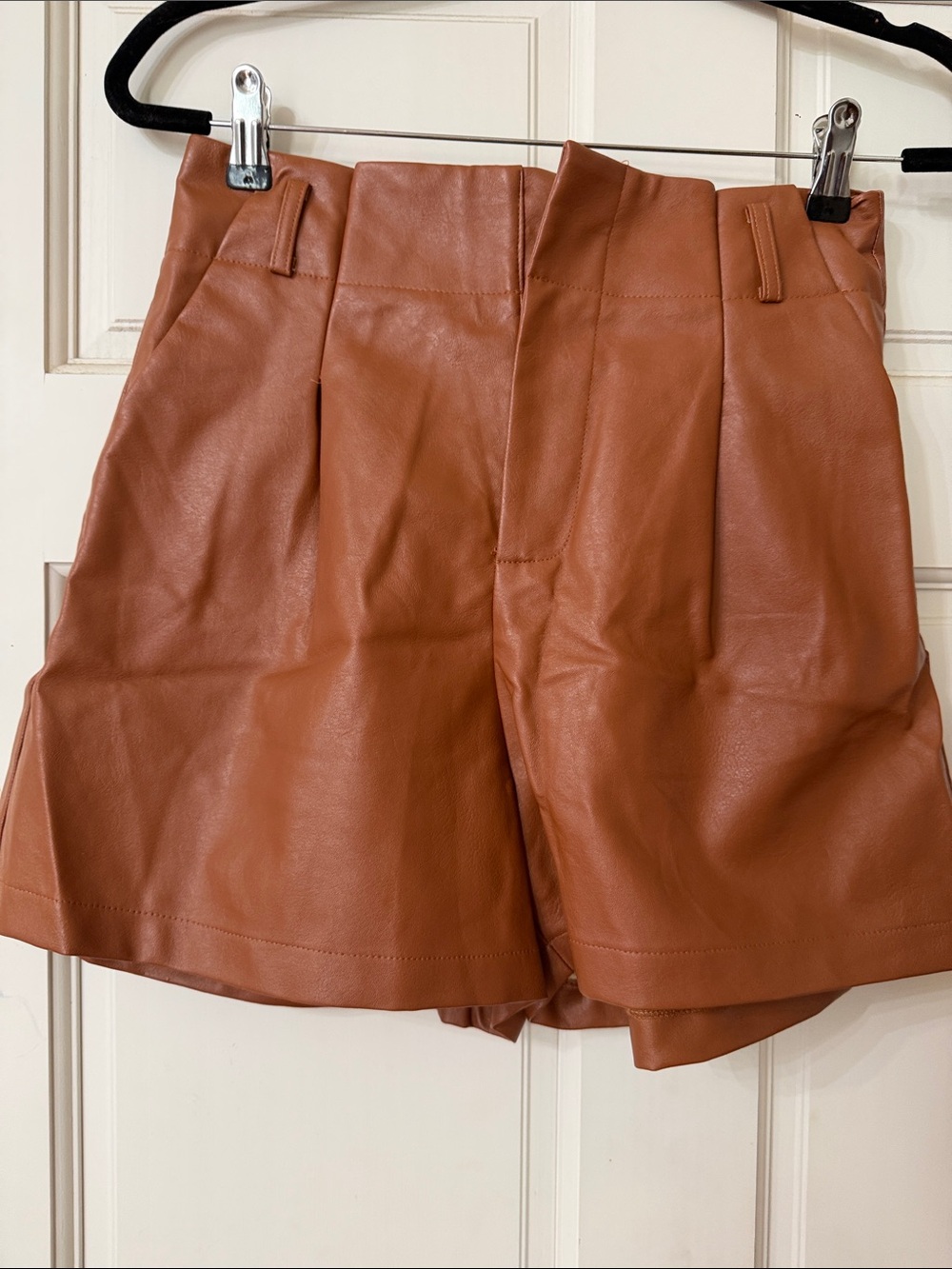 High-Waist Faux Leather Bermuda Shorts in Cognac Brown